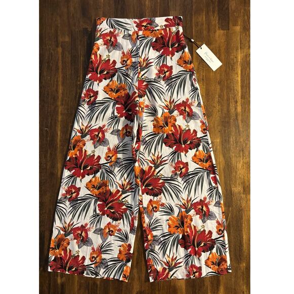 Haver + Blair Women’s XS Pants Wide Leg Crop Pull On Linen High Rise Tropical - Picture 3 of 12